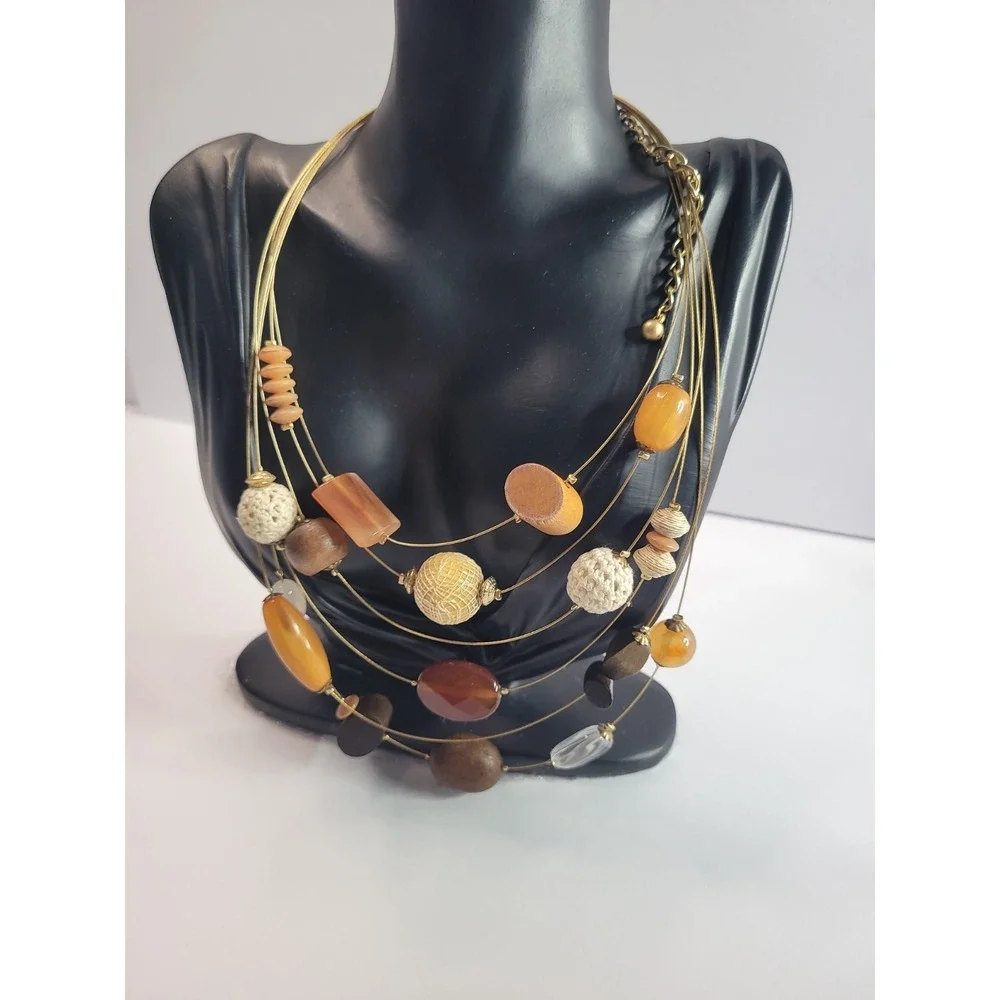 Chico's Multi Strand Beaded Necklace Brown Tan Orange Statement Boho Jewelry